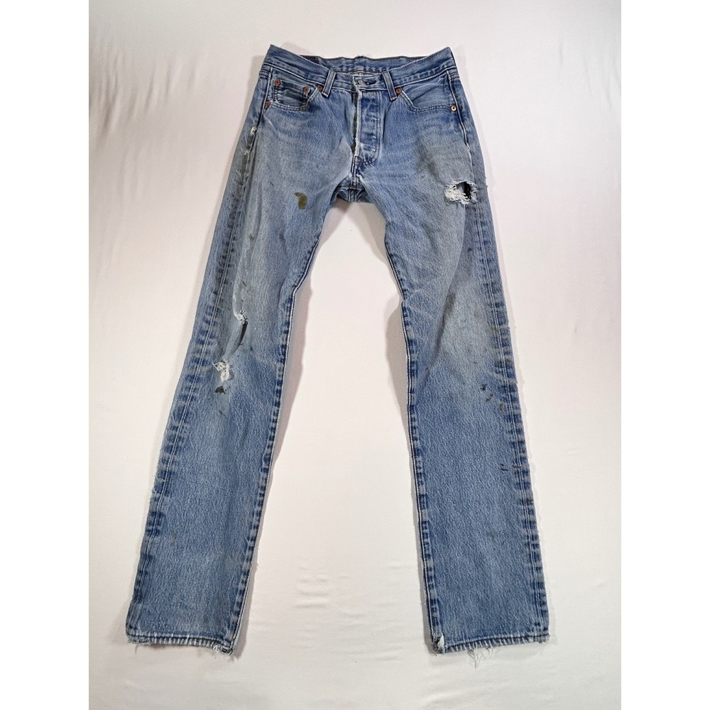 Levis 501 Original Fit Jeans Mens W30 L36 Light Wash Distressed Paint Splatter